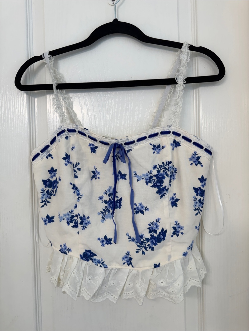 White & Blue Floral Lace-Trim Cami with Ribbon Tie